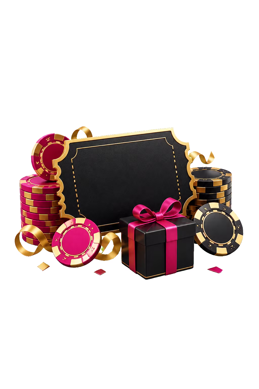 Coffre DelOro Casino magenta et or avec jeton bonus