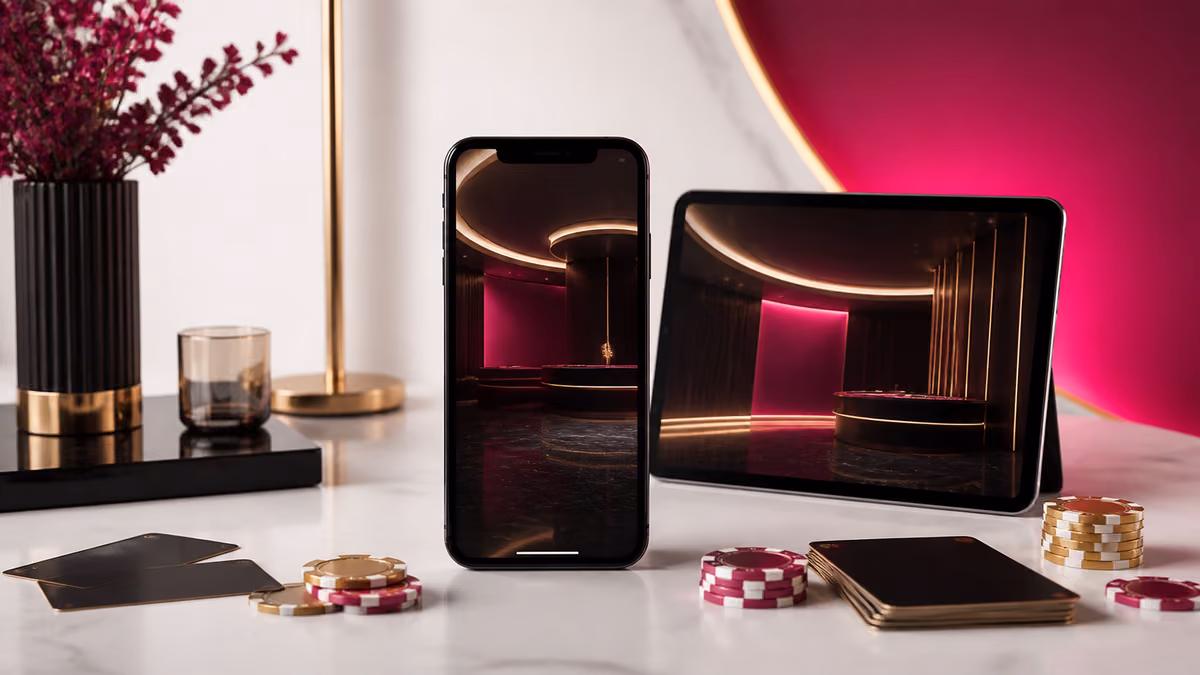 Illustration mobile DelOro Casino avec smartphone et ambiance magenta or
