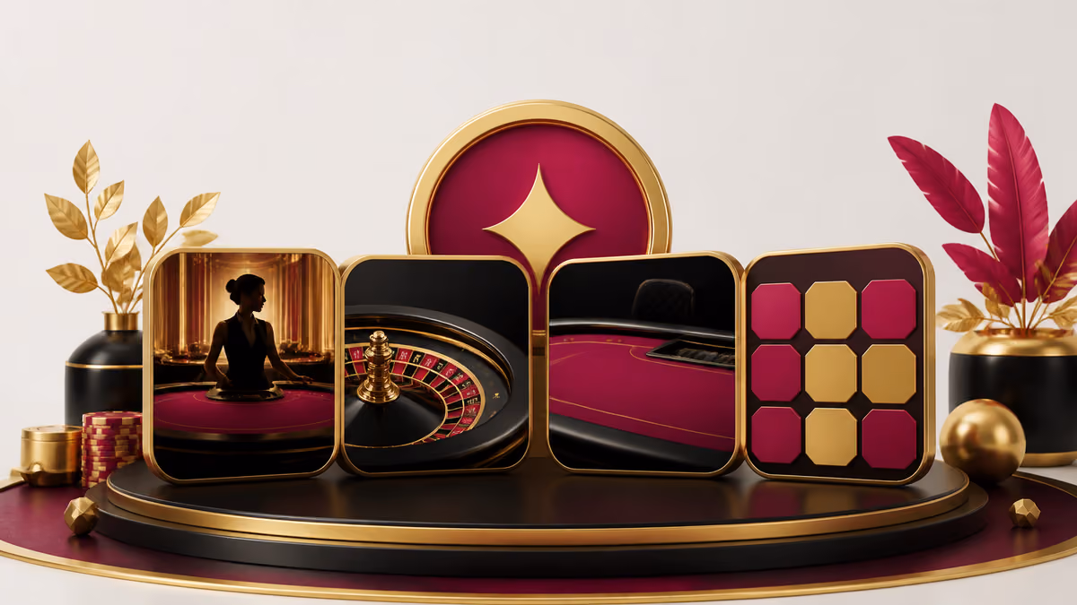Illustration catégories de jeux DelOro Casino avec roulette et tables